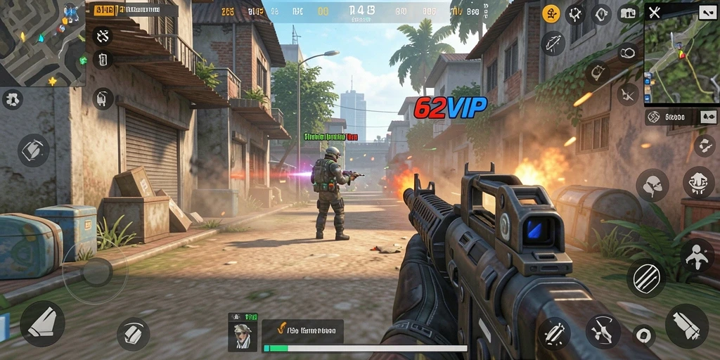 Screenshot gameplay yang menunjukkan aksi menembak dalam 62VIP.