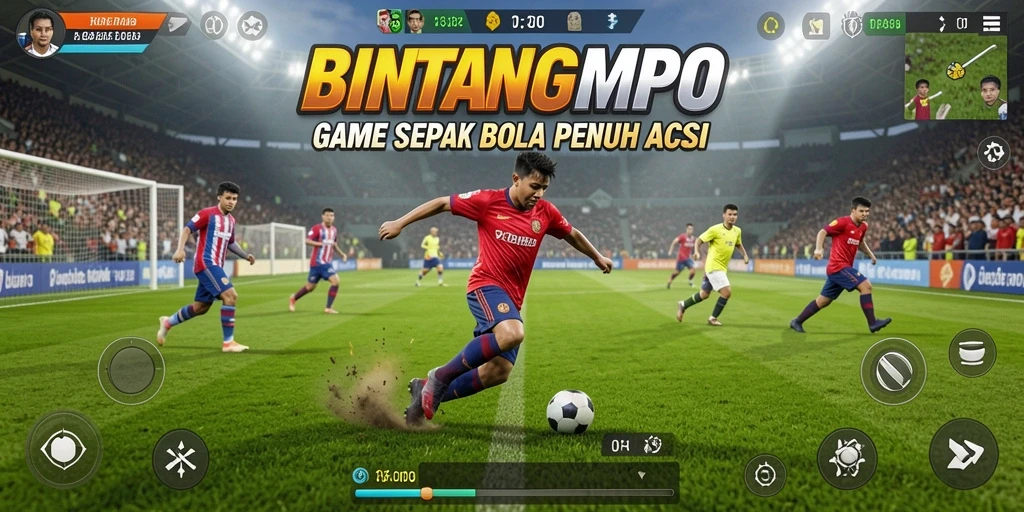 Tampilan gameplay menegangkan dari BINTANGMPO dalam aksi sepak bola.