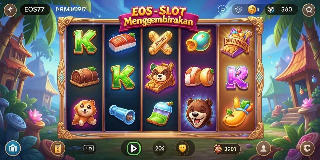 Screenshot gameplay <strong>EOS77</strong> menunjukkan mesin slot yang seru dan penuh warna.