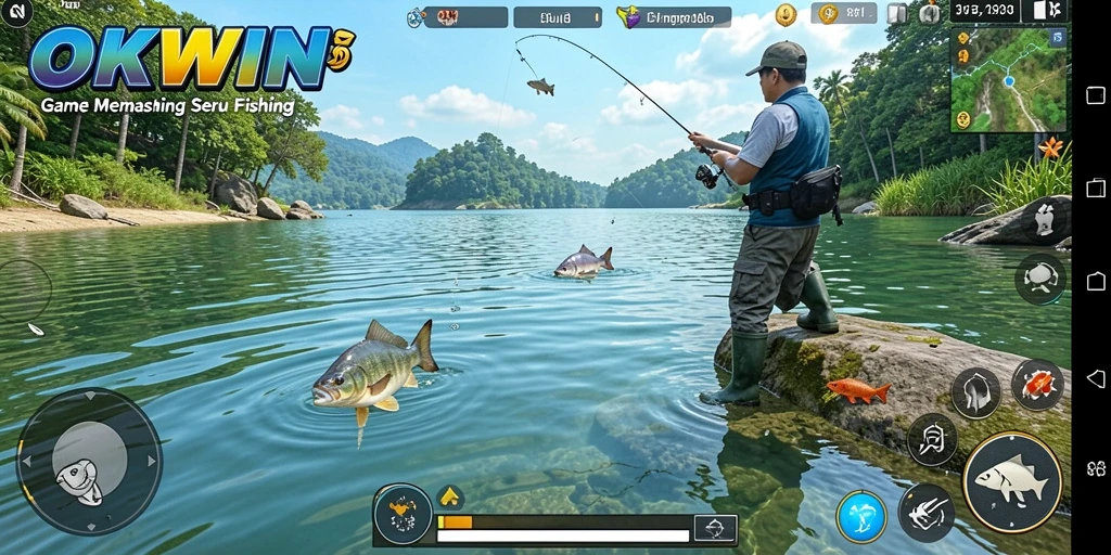 Tampilan gameplay seru dalam OKWIN saat memancing ikan.