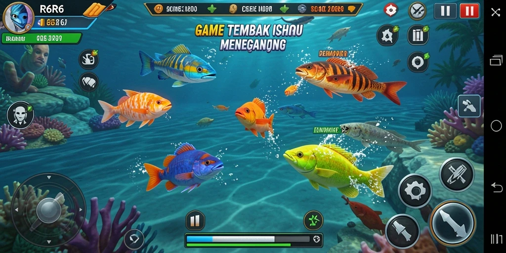 Screenshot R6R6 menampilkan aksi seru menembak ikan di bawah laut.