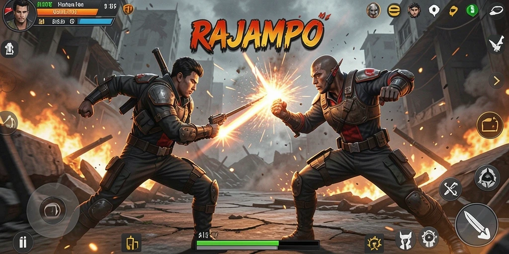 Screenshot utama RAJAMPO menampilkan aksi gameplay yang mendebarkan dan intens.