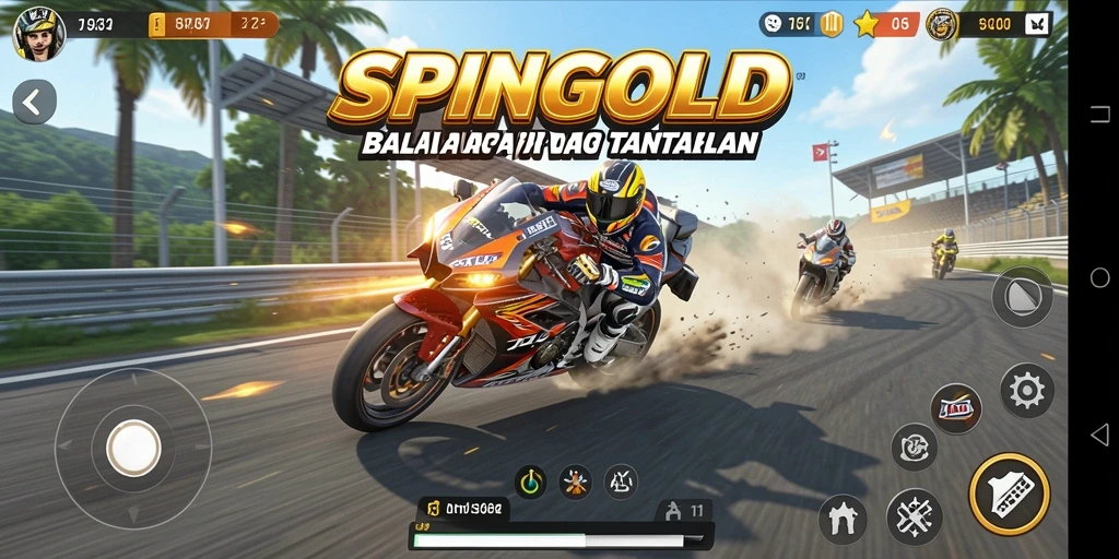 Tampilan gameplay menarik SPINGOLD dalam balapan motor yang seru.